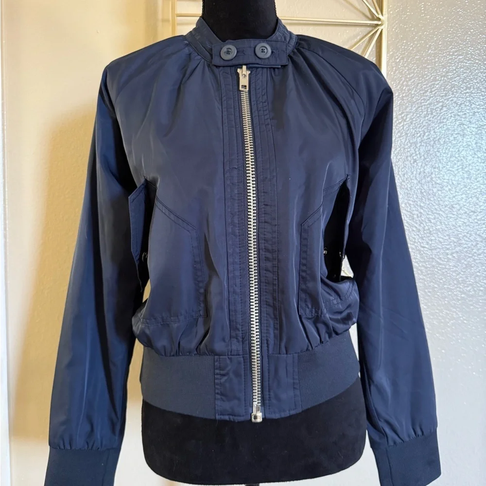 Free People Midnight Bomber Jacket Full Zip Sateen Navy Blue size Small - Picture 2 of 7